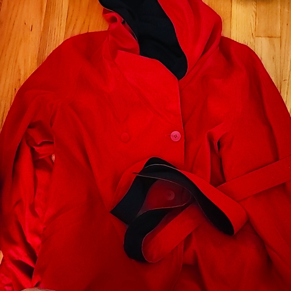 Reversible All Weather Women’s Belted Double Breasted Jacket W/Hood Sz L